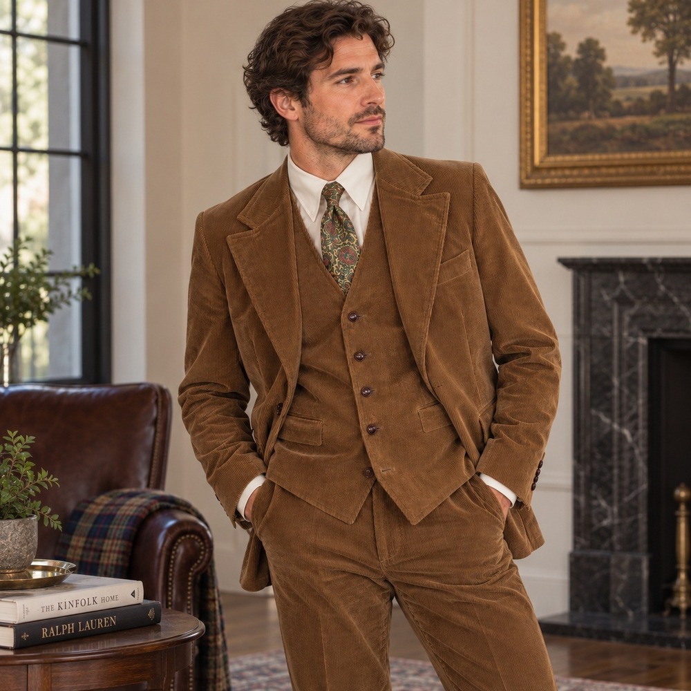 Vintage John Alexander 3 Piece Suit Corduroy Blazer Vest Pants Brown Men's 40R